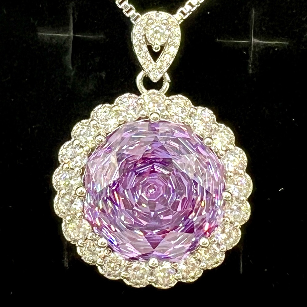 GORGEOUS Giant Purple Rose-Cut CZ & Moissanite Halo-Style Pendant 17 ctw 20”